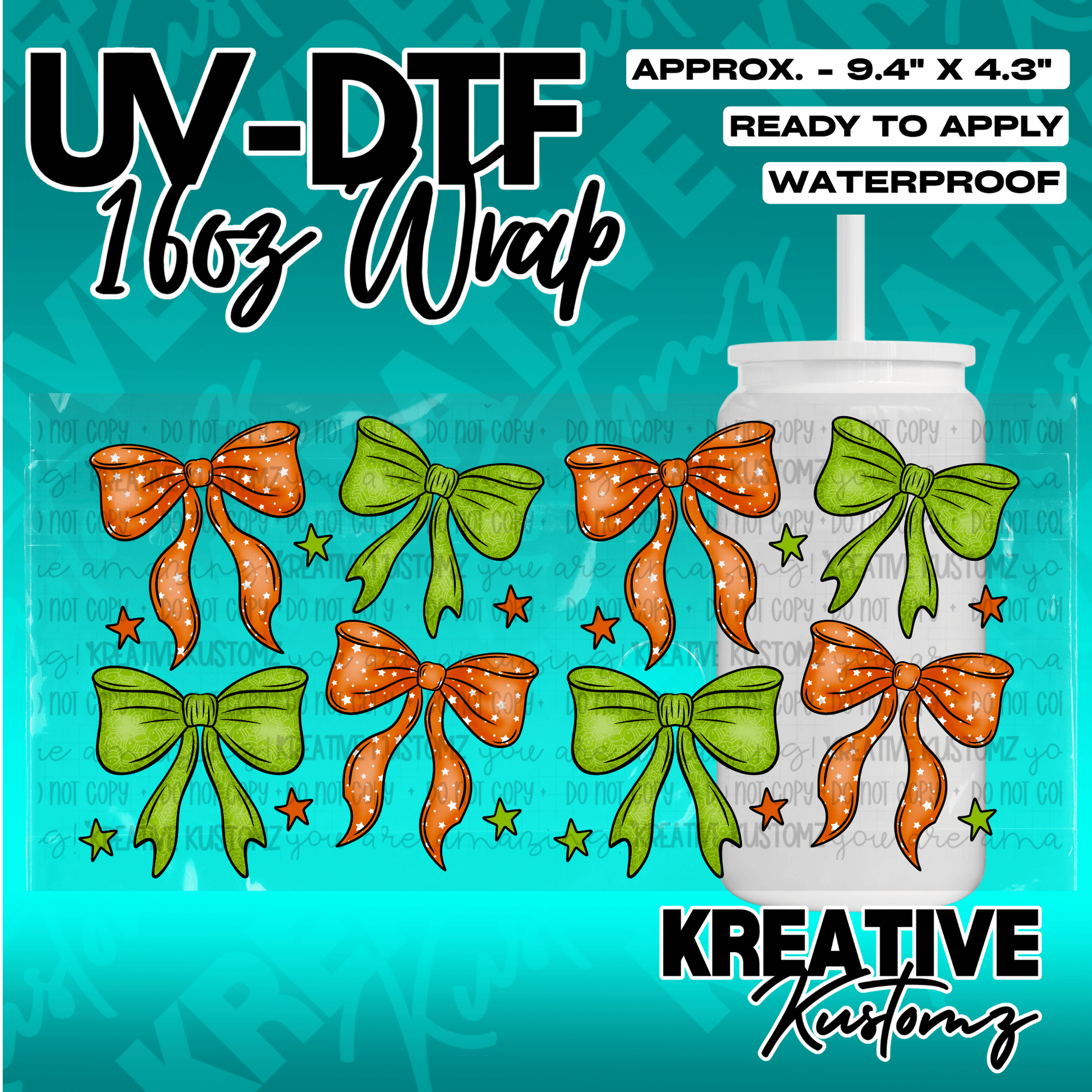 A UV DTF cup wrap featuring a pattern of orange and green bows with small stars.