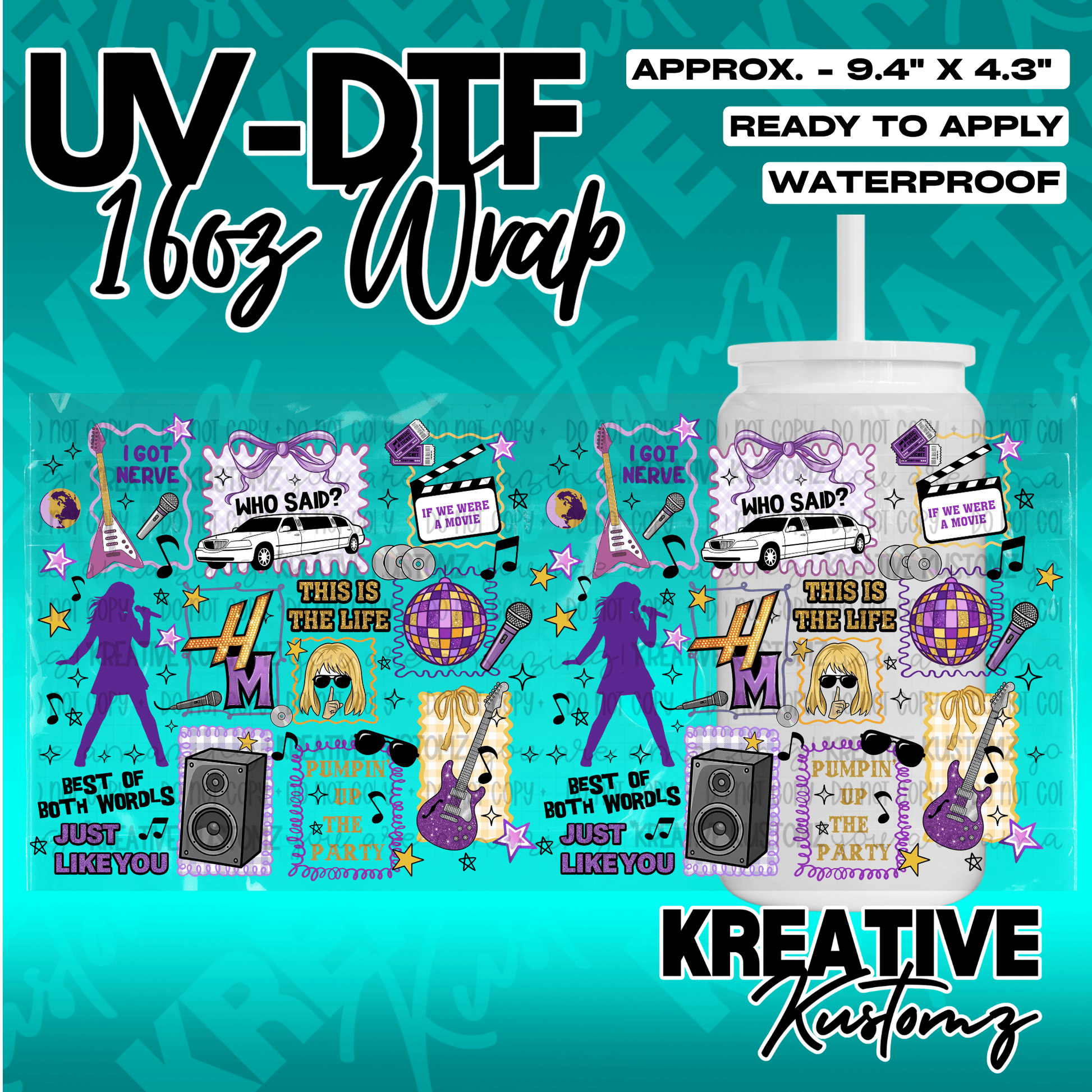 A Hannah Montana themed UV DTF adhesive wrap for a 16oz glass can.