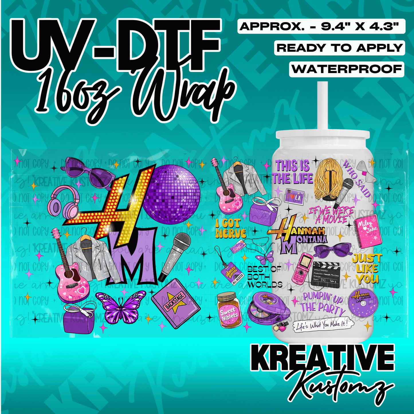 A Hannah Montana themed UV DTF adhesive wrap for a 16oz glass can.