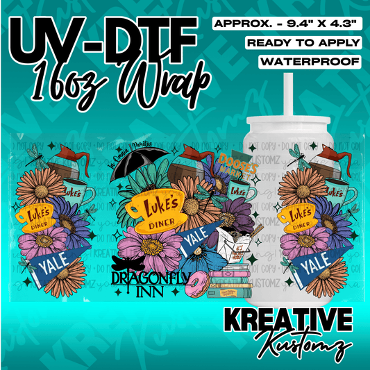 A floral UV DTF adhesive wrap for 16oz glass cans featuring Gilmore Girls themed illustrations.