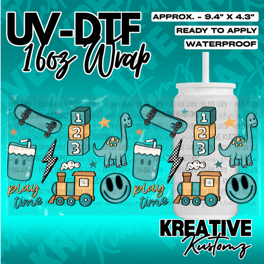 A UV DTF adhesive cup wrap featuring a playful pattern of dinosaurs, trains, and toys.