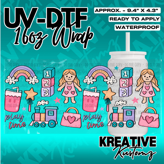 A UV DTF adhesive wrap for 16oz glass cans featuring a colorful pattern of toys and dolls.