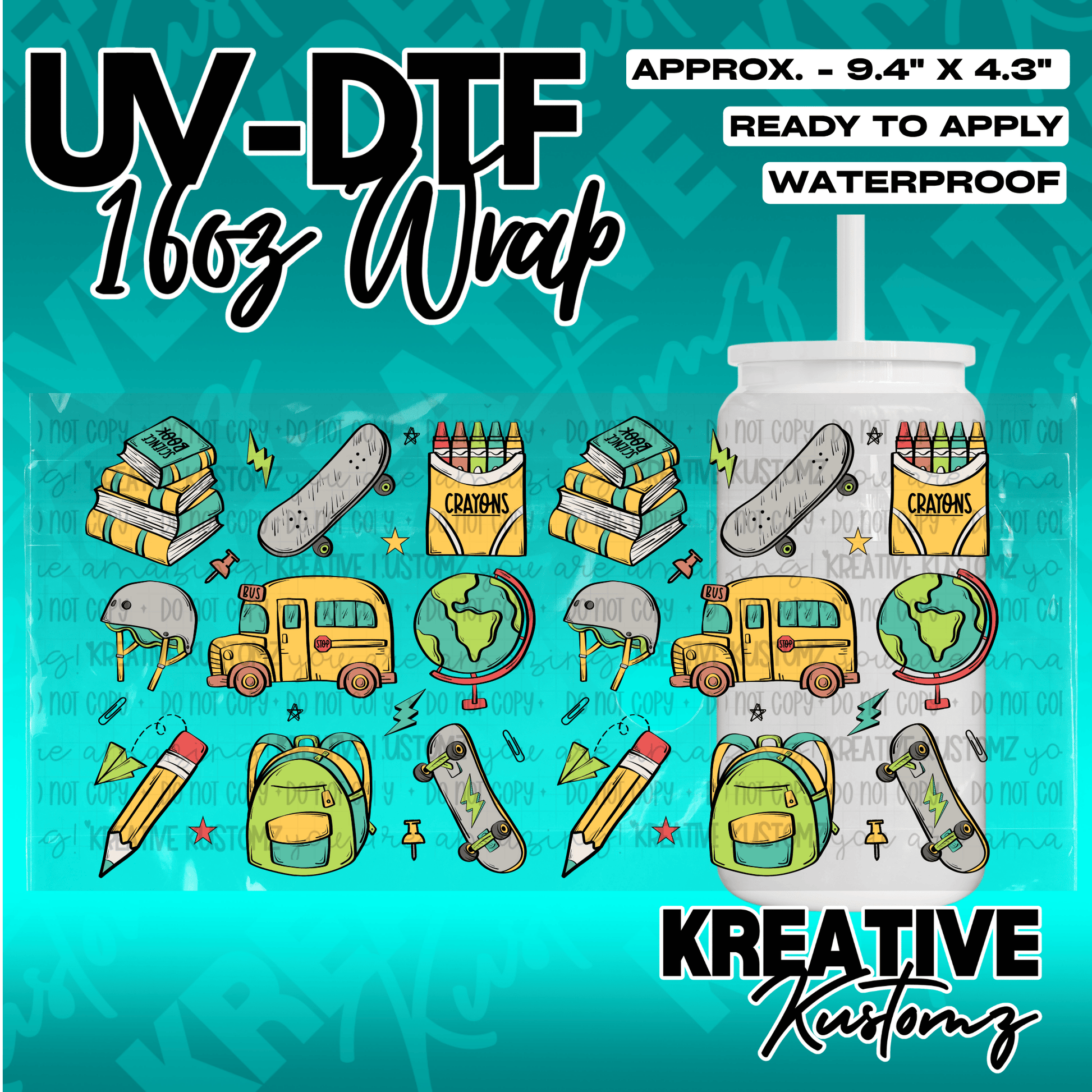 A school-themed UV DTF adhesive wrap for 16oz glass cans featuring colorful icons.