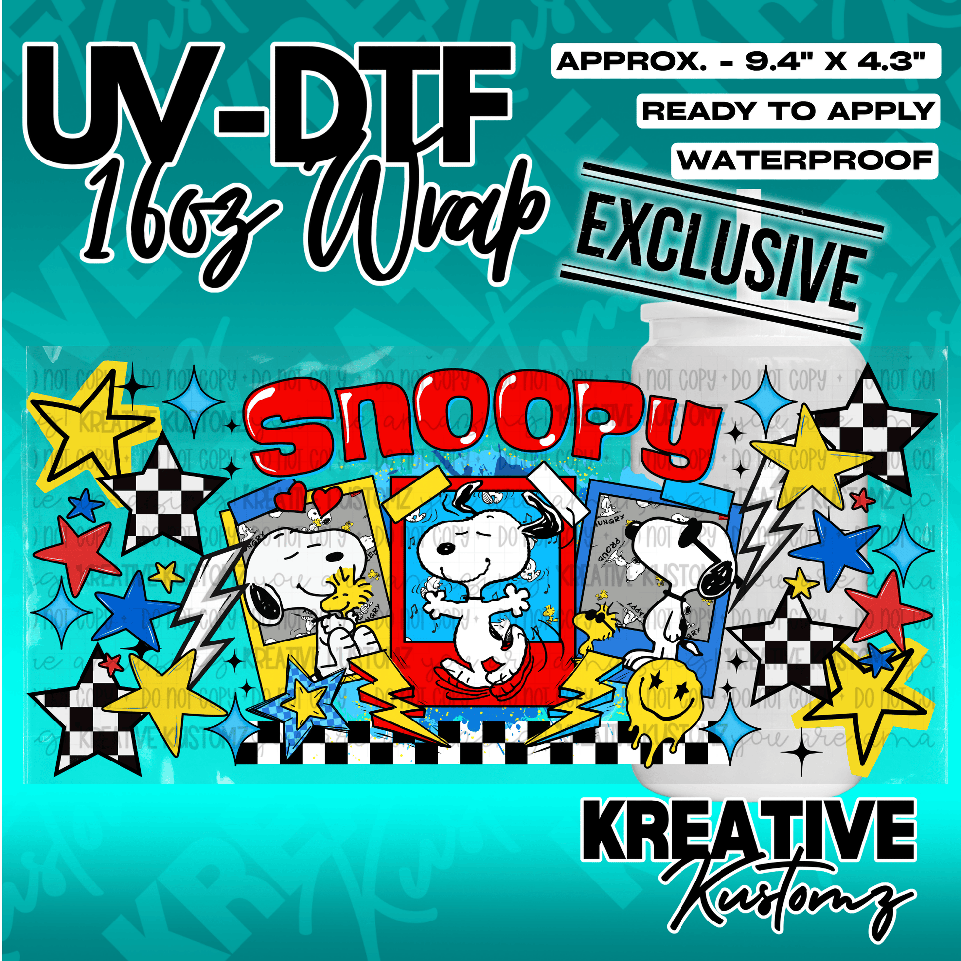 A Snoopy themed UV DTF adhesive wrap for a 16oz glass cup featuring colorful polaroid designs.