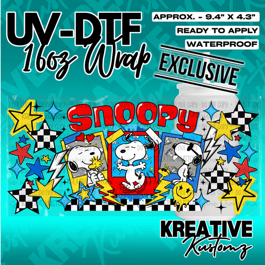 A Snoopy themed UV DTF adhesive wrap for a 16oz glass cup featuring colorful polaroid designs.