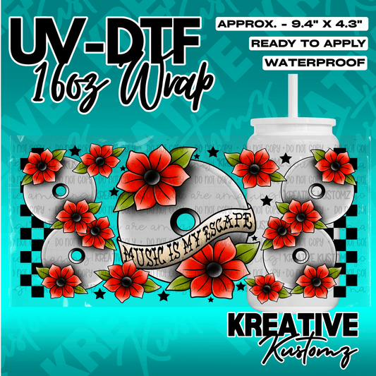 A UV DTF adhesive wrap for 16oz glass cans featuring red flowers and music-themed graphics.