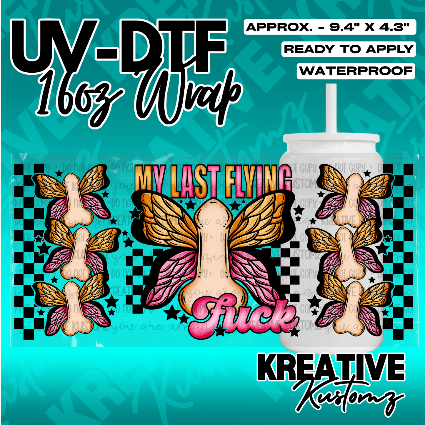A UV DTF cup wrap featuring a checkerboard pattern and winged phallic illustrations.