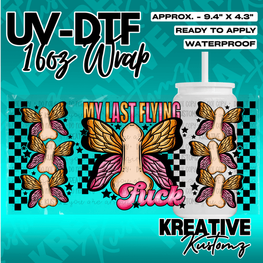 A UV DTF cup wrap featuring a checkerboard pattern and winged phallic illustrations.