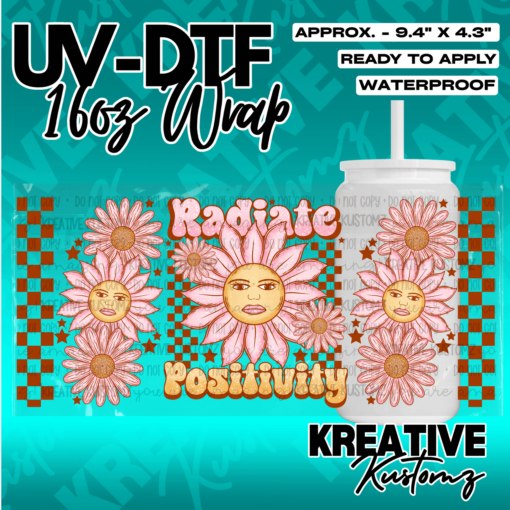 A UV DTF adhesive wrap for 16oz glass cans featuring pink sun-faced flowers and brown checkers.