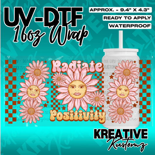 A UV DTF adhesive wrap for 16oz glass cans featuring pink sun-faced flowers and brown checkers.