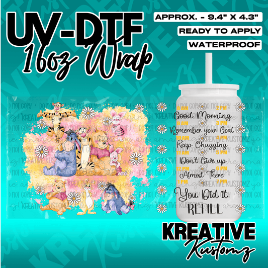 A Winnie the Pooh themed UV DTF adhesive wrap for a 16oz glass cup featuring floral accents.