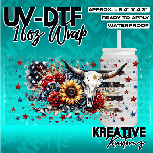 A UV DTF cup wrap featuring a bull skull, sunflowers, roses, and stars on a flag background.