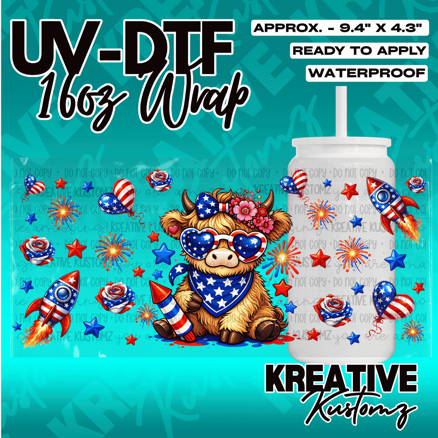 A patriotic Highland cow themed UV DTF wrap for a 16oz glass can featuring rockets and flowers.