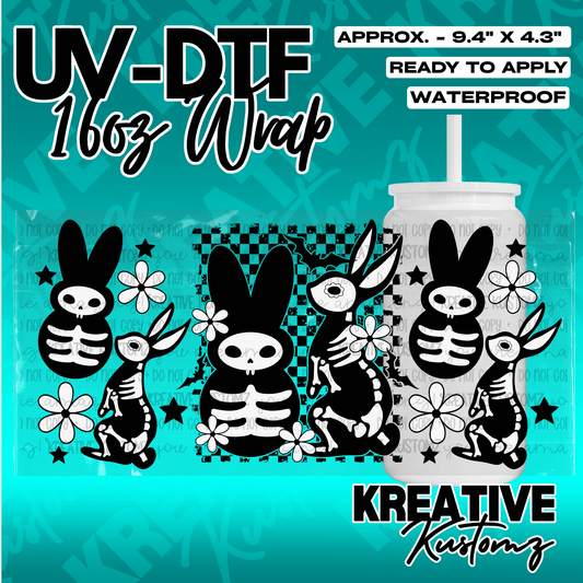 A UV DTF adhesive wrap for 16oz glass cans featuring a black and white skeleton bunny pattern.