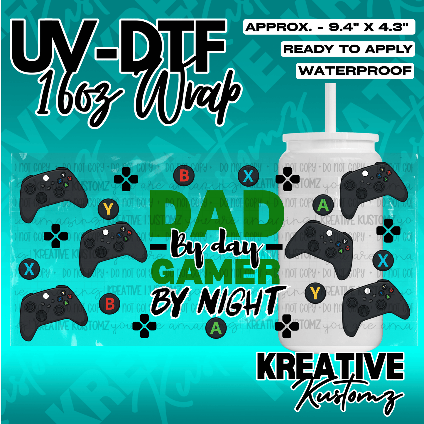A gaming-themed UV DTF wrap for a 16oz glass cup featuring controller icons and text.