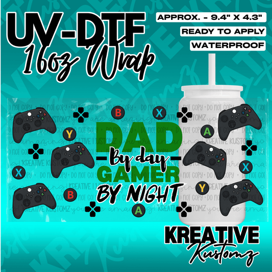 A gaming-themed UV DTF wrap for a 16oz glass cup featuring controller icons and text.