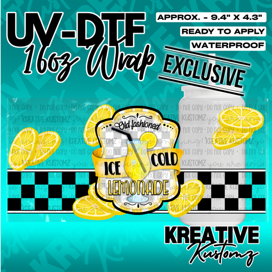 A lemonade themed UV DTF adhesive wrap for a 16 ounce glass cup featuring lemons and a checkerboard.