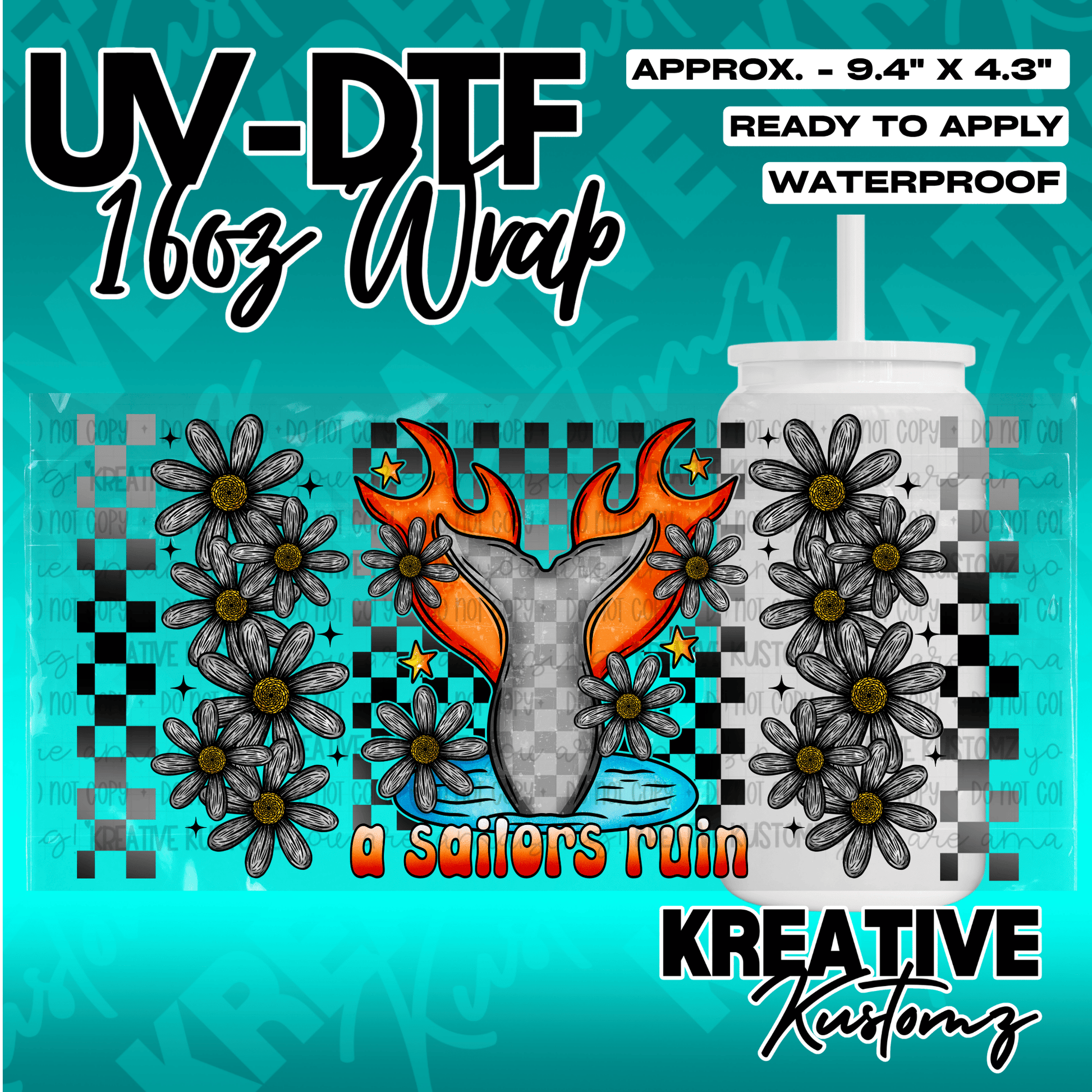 A UV DTF cup wrap featuring a whale tail, flames, and daisies on a checkered background.
