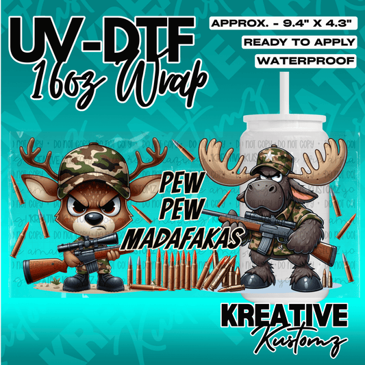 A UV DTF cup wrap featuring cartoon deer and moose characters with rifles and ammunition.