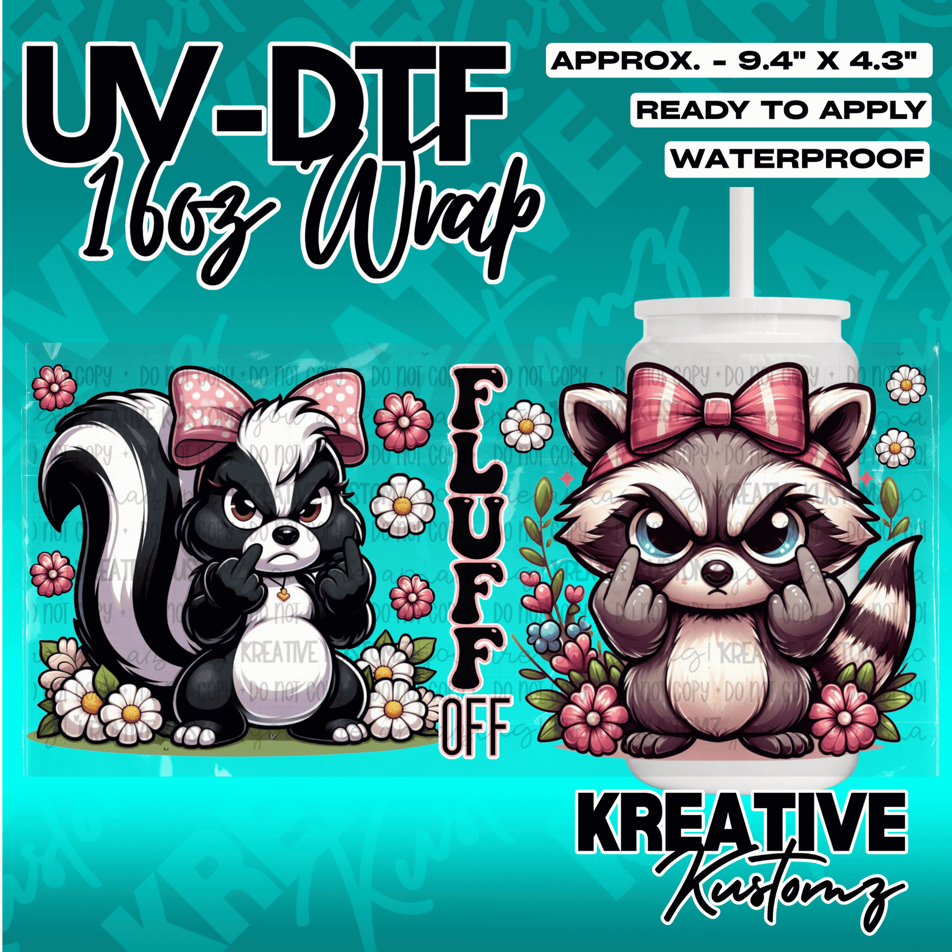 A UV DTF adhesive wrap for 16oz glass cans featuring a skunk and raccoon with floral accents.