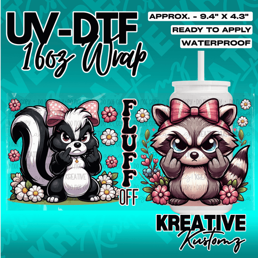 A UV DTF adhesive wrap for 16oz glass cans featuring a skunk and raccoon with floral accents.