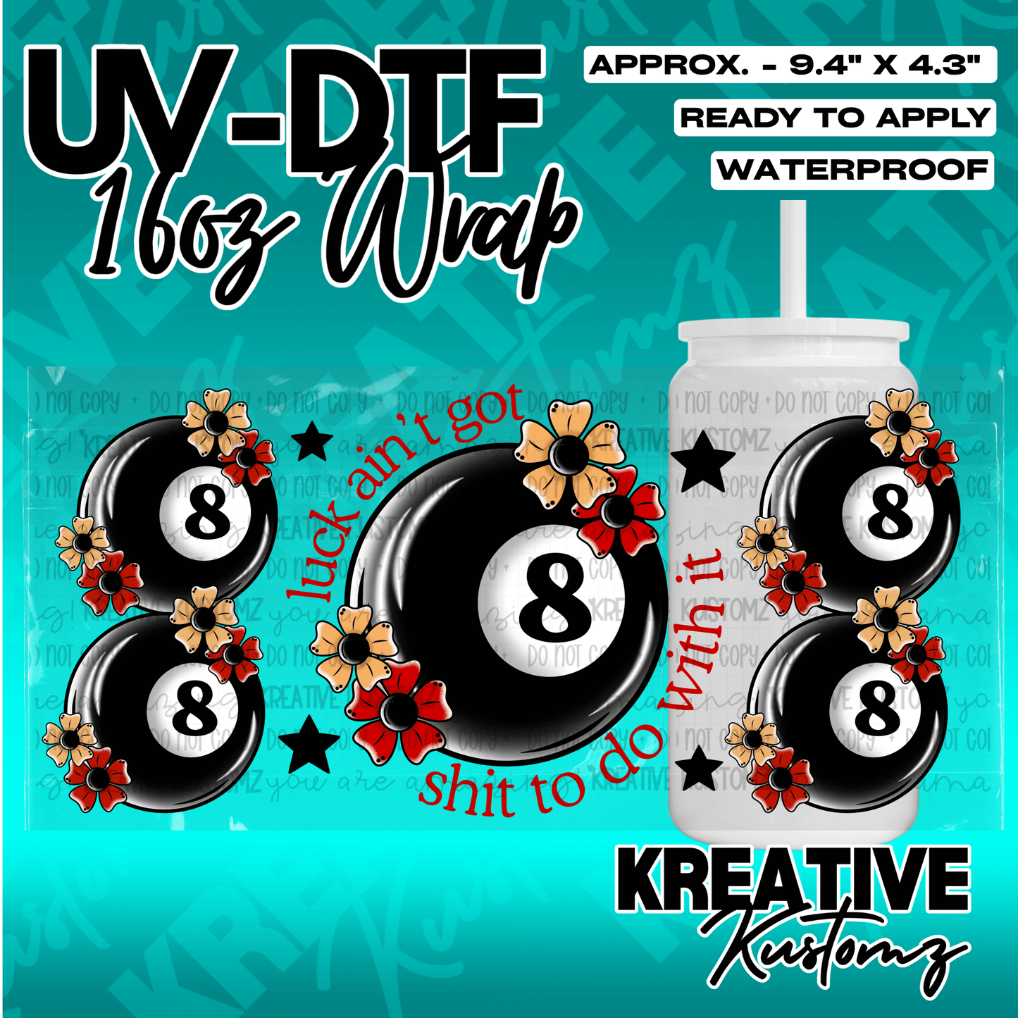 A UV DTF adhesive wrap for 16oz glass cans featuring eight-ball and floral designs.