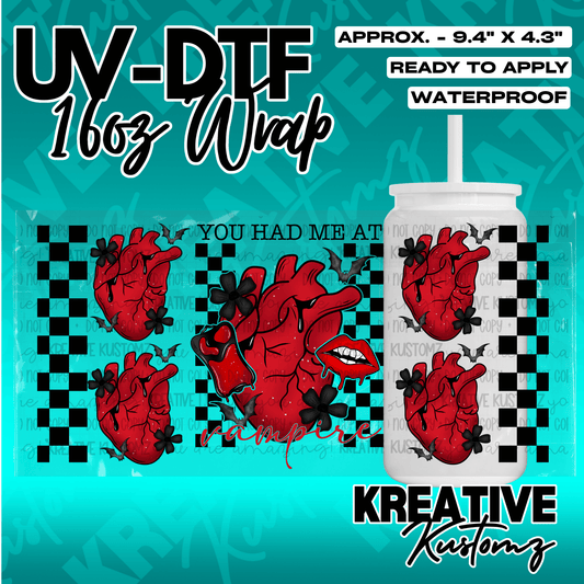 A UV DTF cup wrap featuring anatomical hearts, black flowers, bats, and vampire-themed text.