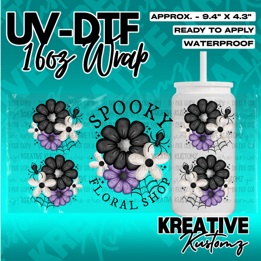 A UV DTF adhesive wrap for 16oz glass cans featuring a spooky floral shop design with spiders.