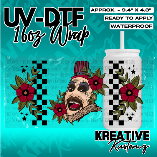 A UV DTF adhesive wrap for a 16oz glass cup featuring a clown illustration and floral patterns.