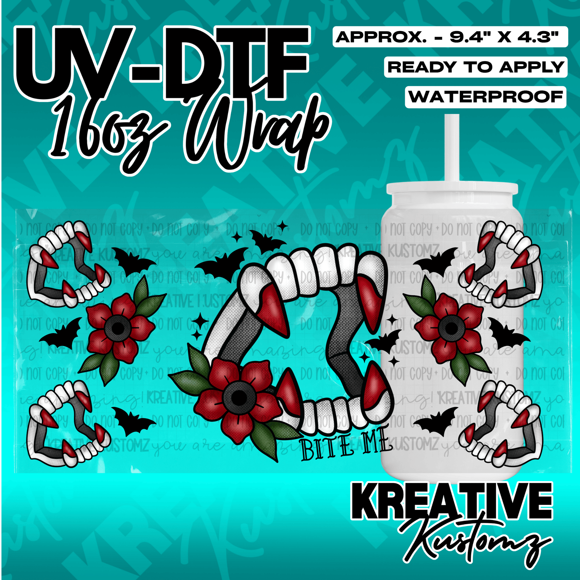 A UV DTF adhesive wrap for 16oz glass cans featuring vampire teeth, red flowers, and bats.