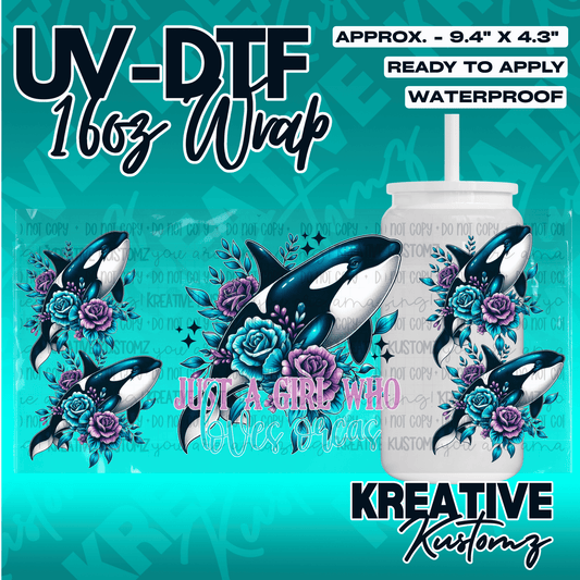 A UV DTF cup wrap featuring orcas surrounded by blue and purple roses with the text Just a girl.