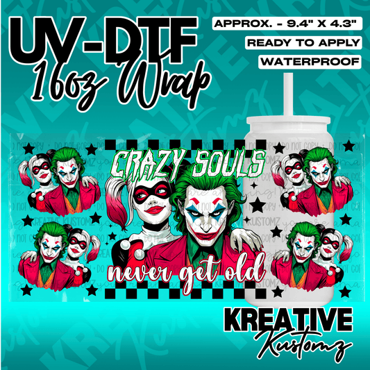 A UV DTF adhesive wrap for 16oz glass cans featuring Joker and Harley Quinn illustrations.