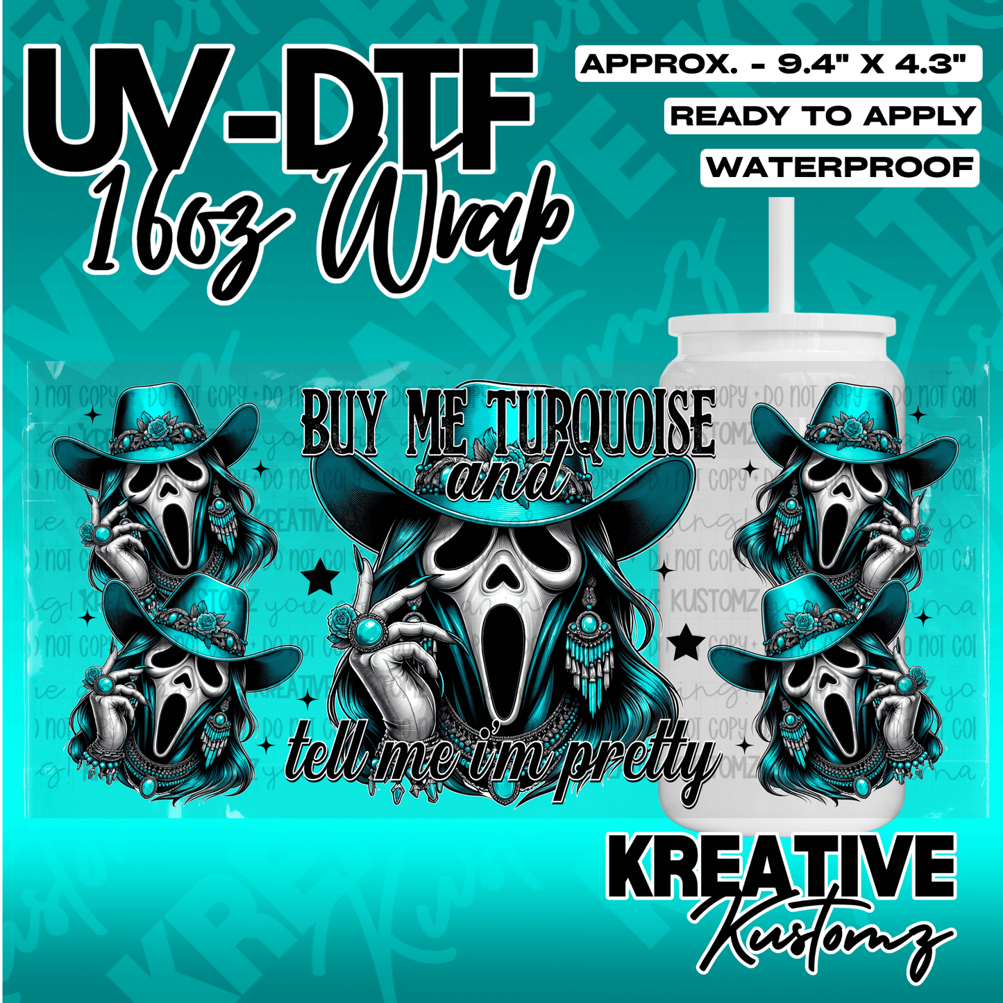 A UV DTF adhesive wrap for a 16oz glass cup featuring a turquoise ghost face design.