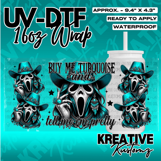 A UV DTF adhesive wrap for a 16oz glass cup featuring a turquoise ghost face design.