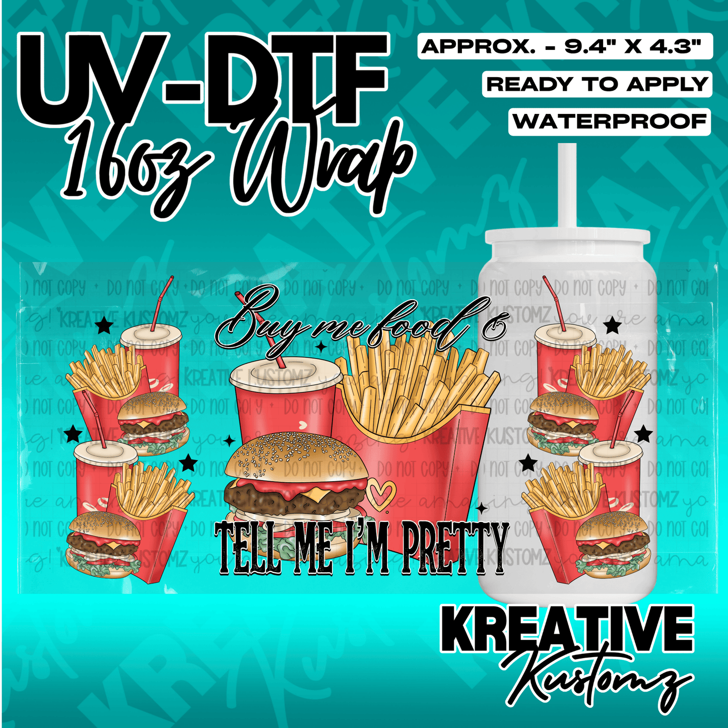 A UV DTF adhesive wrap for 16oz glass cans featuring a burger and fries pattern.
