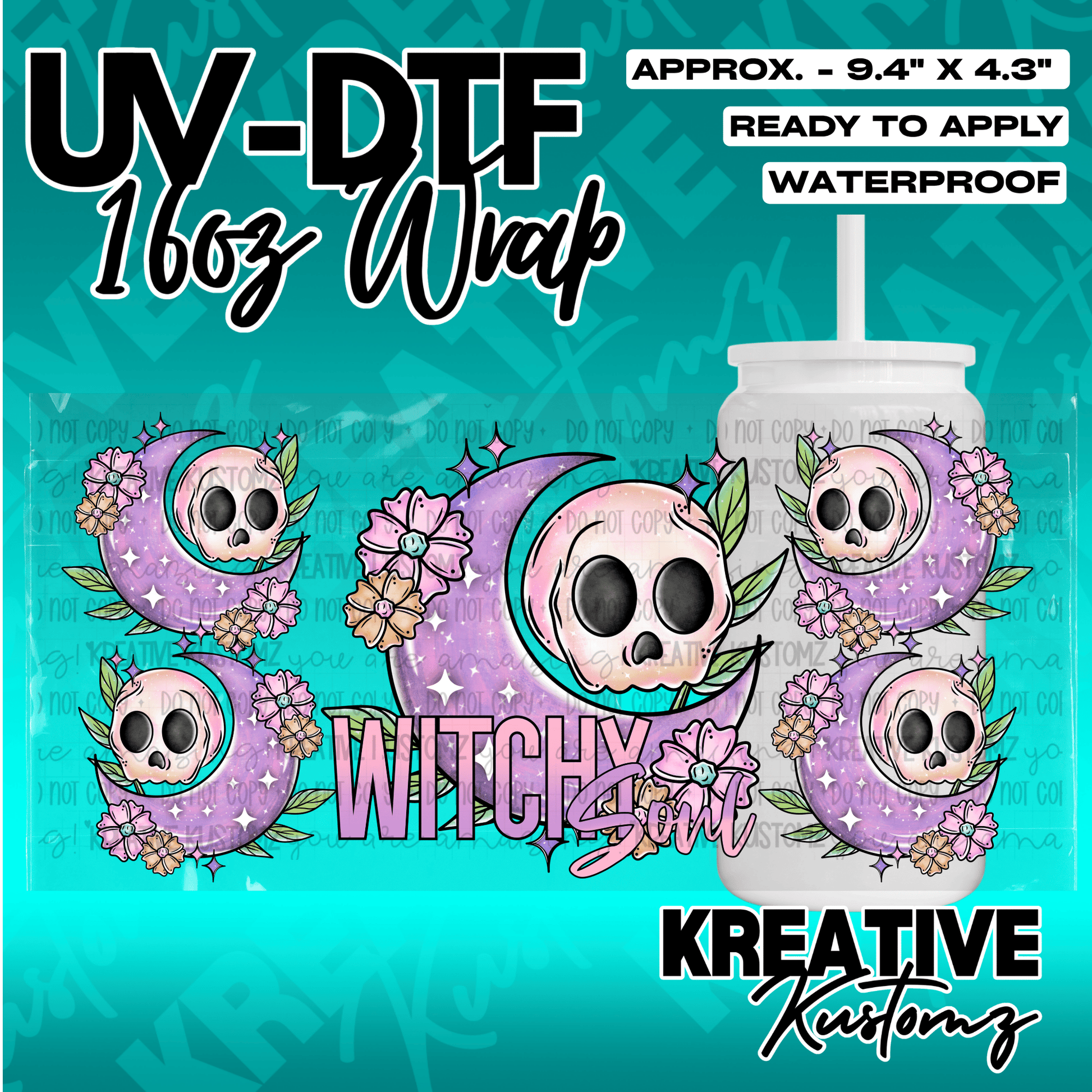 A UV DTF cup wrap featuring skulls, purple moons, and flowers with the text Witchy Soul.