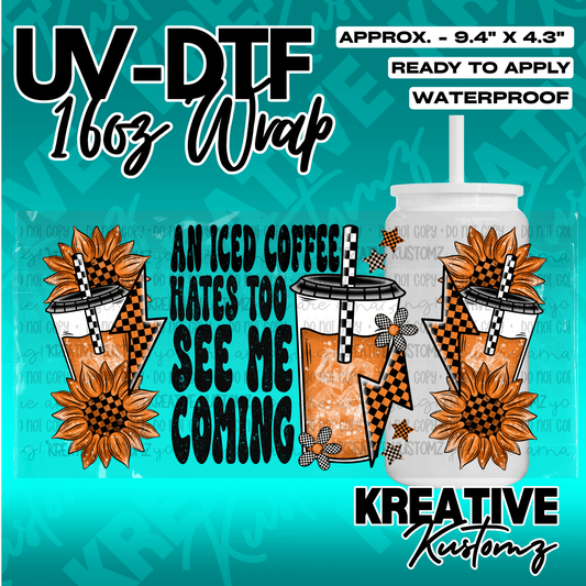 A UV DTF adhesive wrap for a 16oz glass cup featuring sunflowers, iced coffee, and lightning bolts.