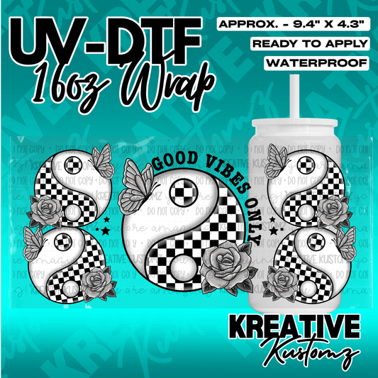 A UV DTF adhesive wrap for 16oz glass cans featuring a black and white yin yang and floral design.