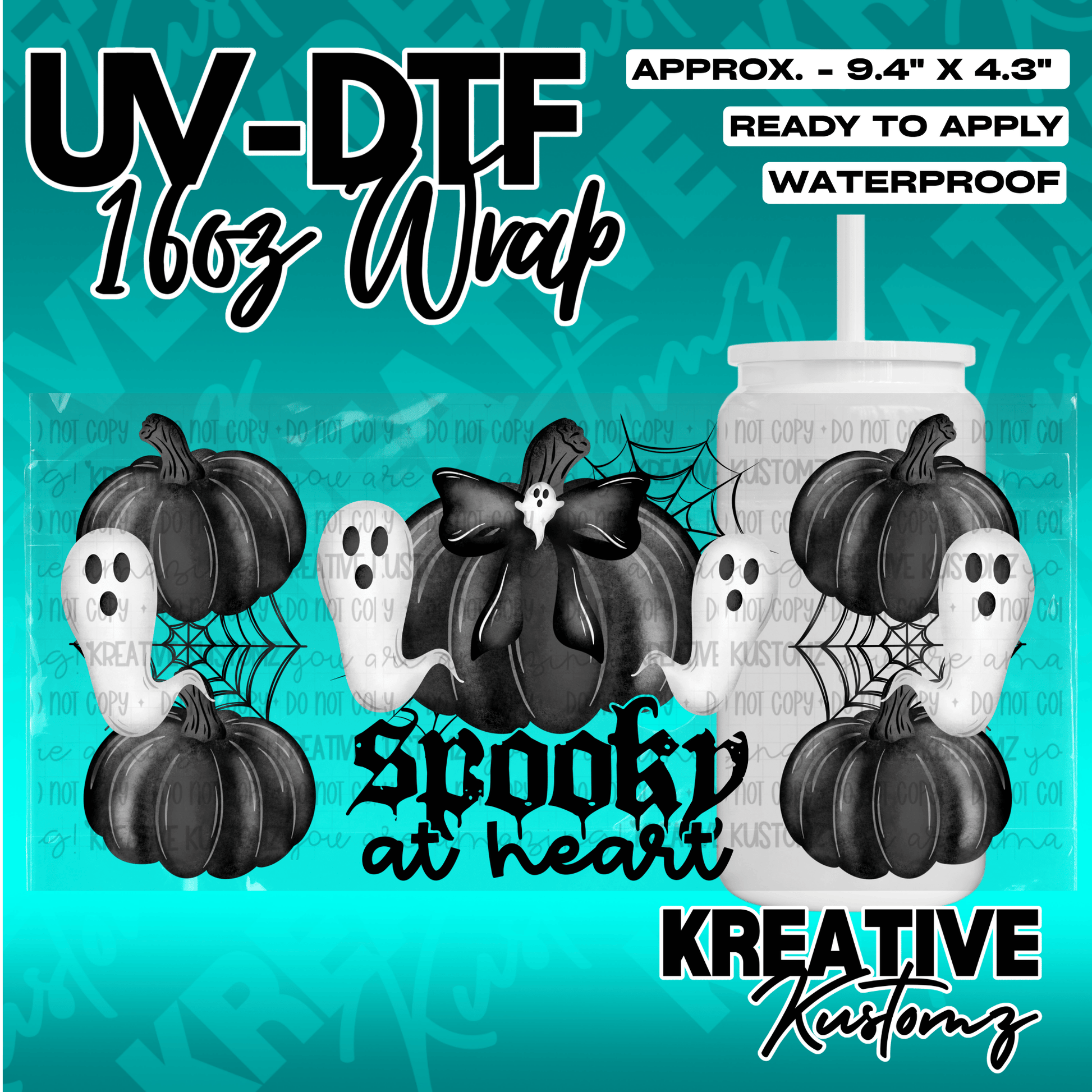 A UV DTF adhesive wrap for a 16oz glass cup featuring black pumpkins, white ghosts, and spiderwebs.