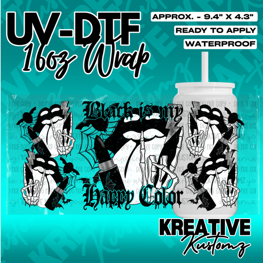 A UV DTF cup wrap featuring a gothic design with lips, skeleton hands, and the text Black is my Happy Color.