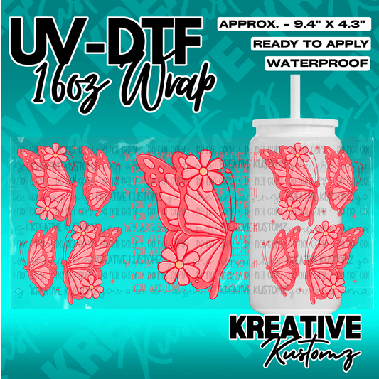 A UV DTF adhesive wrap for 16oz glass cans featuring pink butterflies and floral designs.