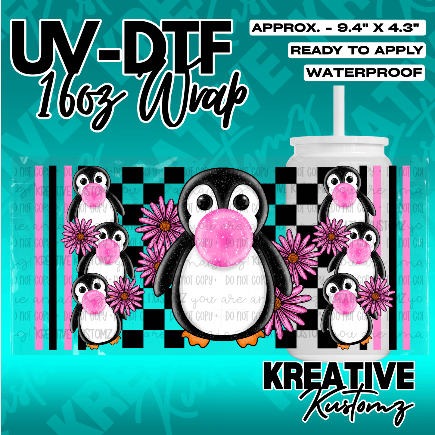 A UV DTF adhesive wrap for 16oz glass cans featuring penguins with pink bubblegum and flowers.