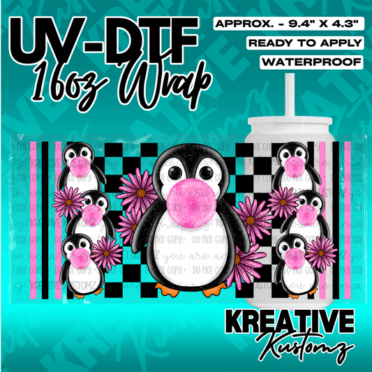 A UV DTF adhesive wrap for 16oz glass cans featuring penguins with pink bubblegum and flowers.