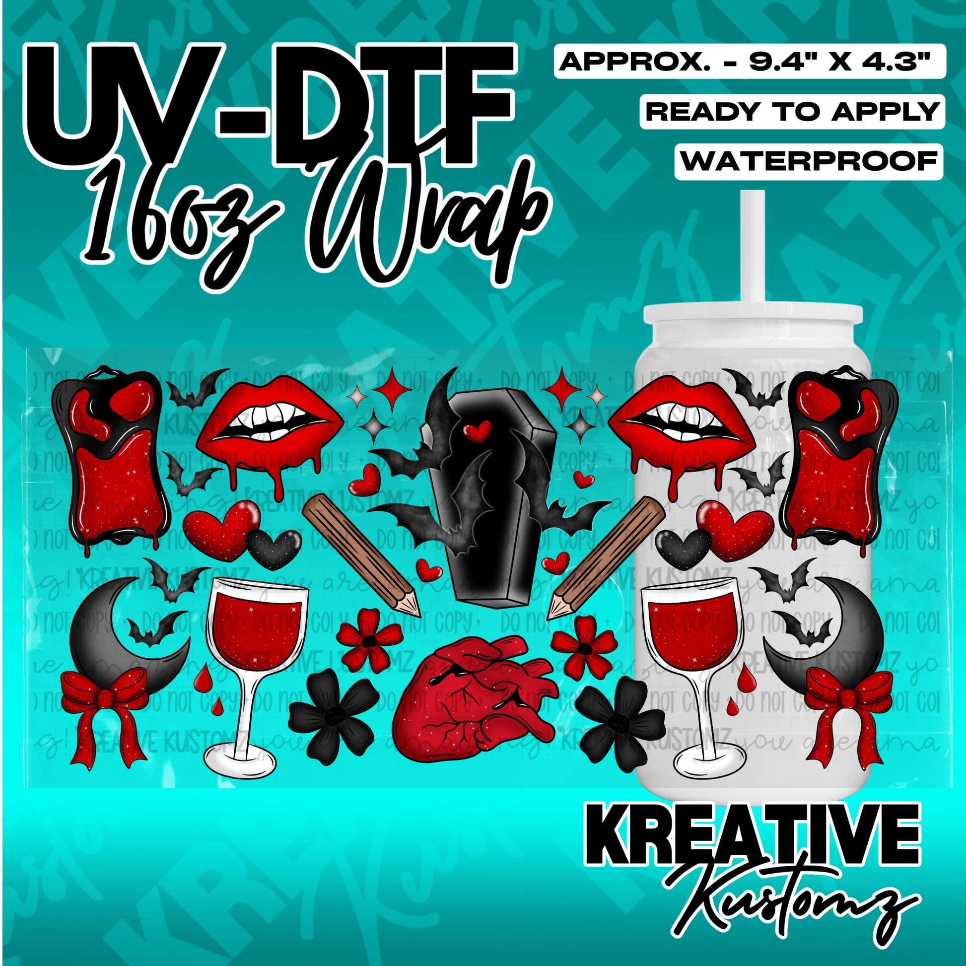 A gothic themed UV DTF adhesive wrap for 16oz glass cans featuring hearts, lips, and coffins.