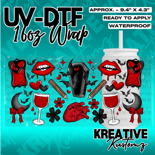 A gothic themed UV DTF adhesive wrap for 16oz glass cans featuring hearts, lips, and coffins.