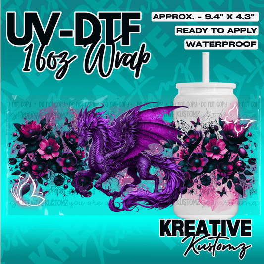 A purple dragon and floral design UV DTF wrap for a 16oz glass cup.