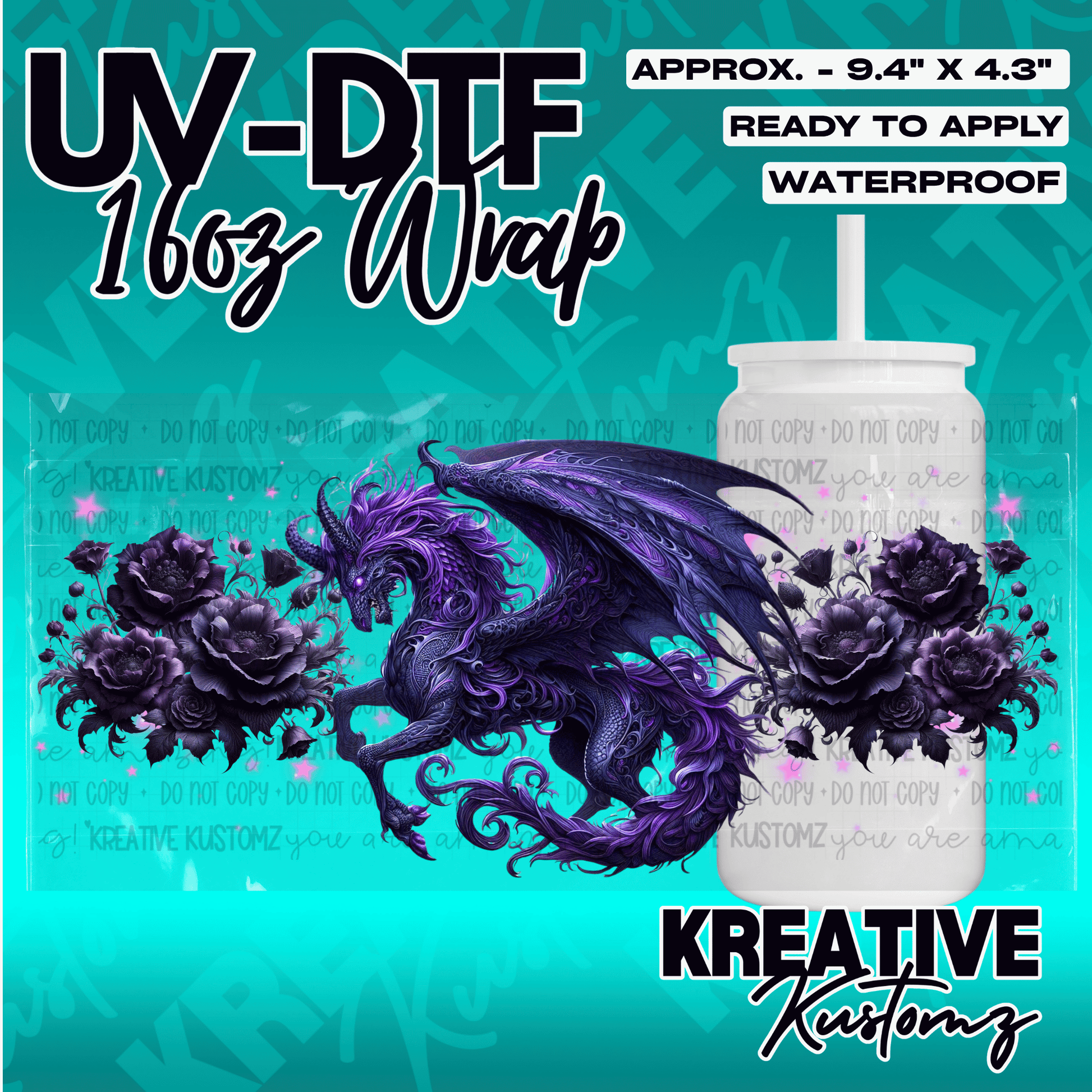 A purple dragon and floral UV DTF adhesive wrap for a 16oz glass cup.