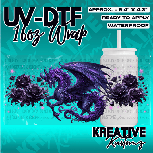 A purple dragon and floral UV DTF adhesive wrap for a 16oz glass cup.