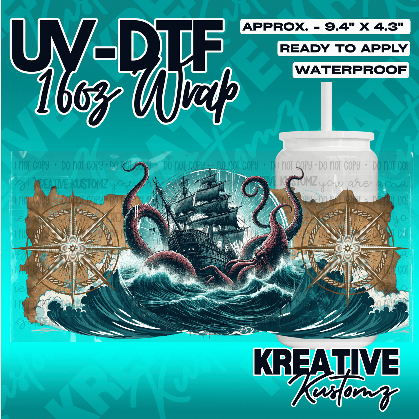 A UV DTF cup wrap featuring a ship being attacked by a kraken with compass designs.