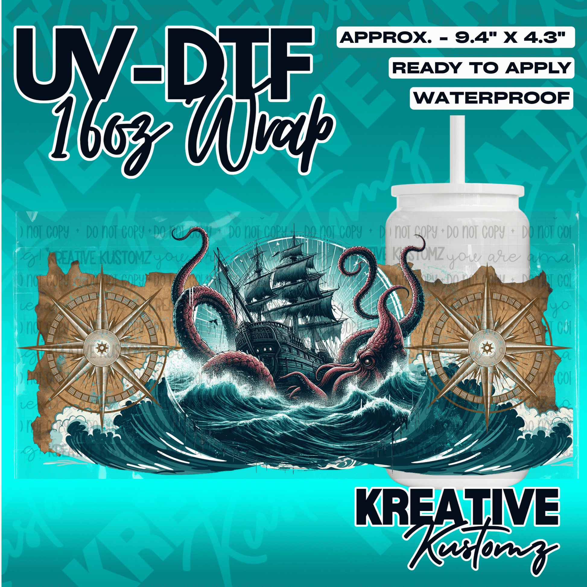 A UV DTF cup wrap featuring a ship being attacked by a kraken with compass designs.
